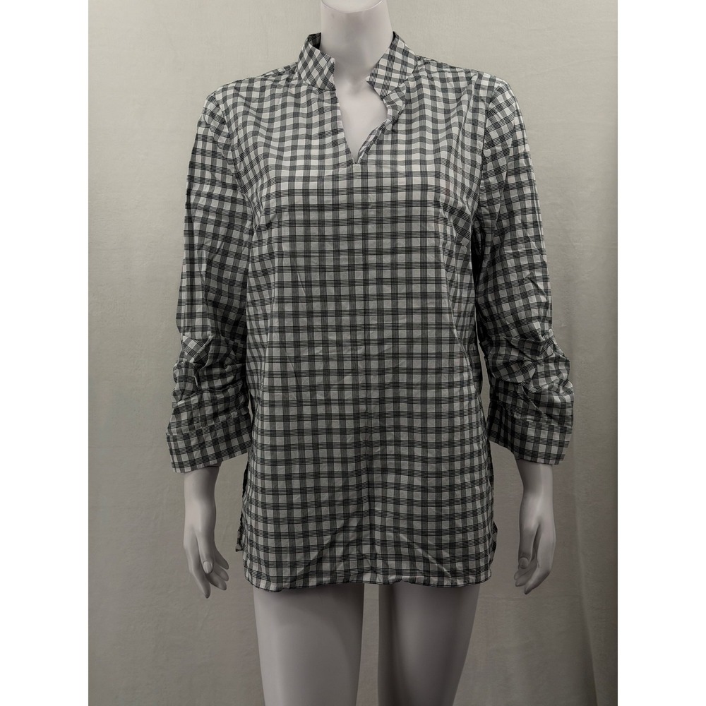 Misook Top Womens Large Navy White Check Ruched Sleeve Tunic Office Work Staple